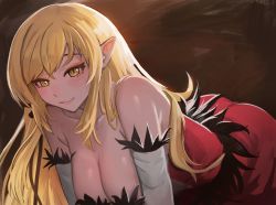 Rule 34 | 1girl, all fours, ass, bare shoulders, blonde hair, blush, breasts, cleavage, dress, elbow gloves, feather trim, female focus, gloves, highres, kiss-shot acerola-orion heart-under-blade, kizumonogatari, large breasts, lipstick, long hair, makeup, matching hair/eyes, monogatari (series), oshino shinobu, pointy ears, red dress, ricman rt, shoulder gloves, smile, solo, vampire, white gloves, yellow eyes