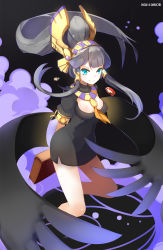 Rule 34 | 1girl, aosora kamiya, arms behind back, bag, black background, black dress, black hair, blue eyes, blush, bread slice, copyright name, dress, egyptian, food, hair tubes, hairband, highres, jewelry, long hair, necklace, nephthys (p&amp;d), puffy short sleeves, puffy sleeves, puzzle &amp; dragons, short sleeves, simple background, smile, solo, toast, very long hair, winged hair ornament, winged hairband