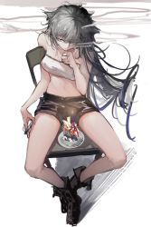 Rule 34 | 1girl, animal ear fluff, animal ears, arknights, bandeau, bare arms, bare shoulders, between fingers, black footwear, black shorts, boots, breasts, chair, cigarette, closed mouth, commentary request, grey eyes, grey hair, hair over one eye, highres, holding, holding cigarette, lappland (arknights), long hair, naijiaer, navel, on chair, shadow, short shorts, shorts, sitting, small breasts, smoke, solo, very long hair, white background, white bandeau