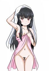 Rule 34 | 1girl, atre, black hair, blush, breasts, closed mouth, eyebrows hidden by hair, gluteal fold, highres, jashin-chan dropkick, large breasts, long hair, looking at viewer, naked towel, navel, nipples, red eyes, shiny skin, simple background, smile, solo, towel, white background