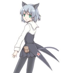 Rule 34 | 00s, 1girl, animal ears, bad id, bad pixiv id, black pantyhose, green eyes, looking back, pantyhose, pee (pixiv4293), peepa, sanya v. litvyak, short hair, silver hair, skirt, solo, strike witches, tail, world witches series