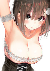 Rule 34 | 1girl, absurdres, arm garter, arm strap, armpits, arms up, bandeau, bare shoulders, black dress, black eyes, bra, breastless clothes, breasts, brown eyes, brown hair, cleavage, collarbone, corset, cross-laced clothes, dress, frilled bra, frills, from above, hair between eyes, hair ornament, hairclip, highres, kawakami masaki, large breasts, lips, looking at viewer, micro bra, original, parted lips, ponkotsu ado, ponkotsu musume no nichijou, revealing clothes, short hair, simple background, solo, underboob, underbust, underwear, upper body, white background