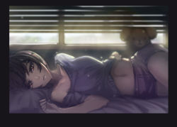 Rule 34 | 1girl, backlighting, bad id, bad pixiv id, bare shoulders, bed, bed sheet, black border, black hair, border, brown eyes, collarbone, day, dust, expressionless, half-closed eyes, indoors, light rays, looking at viewer, lying, midriff, navel, on bed, on side, original, parted lips, purple shirt, shirt, short hair, short shorts, shorts, solo, stomach, stuffed animal, stuffed toy, sunlight, teddy bear, window blinds, yellowpaint.