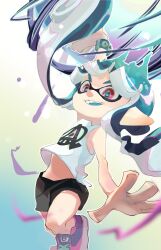 Rule 34 | 1girl, :d, arm up, bare shoulders, black shorts, blue hair, blue pupils, booyah bomb (splatoon), bracelet, floating hair, gradient background, inkling, inkling girl, inkling player character, jewelry, koike3582, long hair, nintendo, open mouth, outline, pointy ears, red eyes, shoes, shorts, single bare arm, smile, solo, splatoon (series), suction cups, tank top, teeth, tentacle hair, upper teeth only, white outline, white tank top