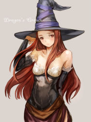 Rule 34 | 1girl, alternate breast size, bad id, bad pixiv id, bare shoulders, breasts, brown eyes, brown hair, cleavage, dragon&#039;s crown, grey background, hat, highres, long hair, simple background, solo, sorceress (dragon&#039;s crown), witch hat, yun (bonopati)