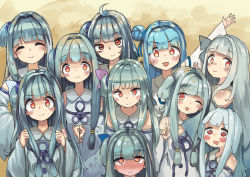 Rule 34 | 6+girls, :d, ;d, ^ ^, ahoge, arm up, bags under eyes, blue hair, blue ribbon, blush, clenched hands, closed eyes, closed mouth, detached sleeves, hair bun, hair intakes, hair ribbon, hands up, highres, kotonoha aoi, light blue hair, long sleeves, looking at viewer, microa, multiple girls, multiple persona, no pupils, nose blush, one eye closed, open mouth, own hands together, pink ribbon, red eyes, ribbon, single side bun, smile, split mouth, v-shaped eyebrows, voiceroid, white sleeves, wide sleeves