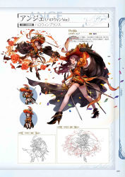 Rule 34 | 10s, 1girl, ange (granblue fantasy), arm up, bat wings, boots, brown eyes, brown hair, cape, character name, chibi, concept art, confetti, detached sleeves, flower, frills, full body, granblue fantasy, hand on own hip, hat, highres, holding, holding sword, holding weapon, juliet sleeves, lineart, long hair, long sleeves, looking at viewer, looking back, minaba hideo, multiple views, non-web source, official art, open mouth, puffy shorts, puffy sleeves, pumpkin, scan, shorts, simple background, smile, sparkle, sword, weapon, white legwear, wings