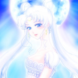 Rule 34 | 1girl, bishoujo senshi sailor moon, blue eyes, crescent, crescent facial mark, double bun, earrings, facial mark, forehead mark, from side, fuzuki yurano, hair bun, jewelry, lavender, light smile, looking at viewer, moon, open mouth, pale color, parted bangs, parted lips, princess serenity, signature, solo, tsukino usagi, twintails, upper body, white hair