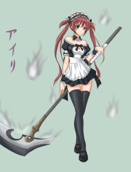 Rule 34 | airi (queen&#039;s blade), an-bl, bare shoulders, breasts, green eyes, highres, long hair, maid, maid headdress, queen&#039;s blade, red hair, ribbon, scythe, thighhighs, twintails
