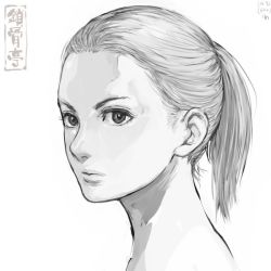 Rule 34 | 1girl, artist logo, from side, greyscale, looking at viewer, looking to the side, medium hair, monochrome, nude, original, ponytail, portrait, shu-mai, simple background, solo, white background