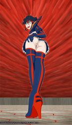 Rule 34 | 10s, 1girl, anaxus, anime coloring, anus, ass, boots, gradient background, high heel boots, high heels, highres, kill la kill, matoi ryuuko, no panties, pussy, senketsu, smile, solo, spread ass, thigh boots, thighhighs, uncensored