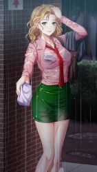 Rule 34 | 1girl, blonde hair, blue bra, bra, breasts, brick wall, brown eyes, closed mouth, collarbone, collared shirt, curly hair, doukyuusei another world, earrings, game cg, green skirt, hand in own hair, handkerchief, holding, jewelry, kakyuusei, large breasts, long hair, long sleeves, looking at viewer, miniskirt, necktie, official art, outdoors, pencil skirt, pink shirt, rain, red necktie, see-through, shindou reiko, shirt, skirt, smile, solo, standing, underwear, wet, wet clothes, wet hair, wet shirt, wet skirt, wing collar
