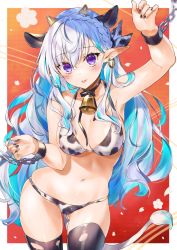 Rule 34 | 1girl, animal ears, animal print, bare shoulders, bell, bikini, black thighhighs, blue hair, blush, braid, braided ponytail, breasts, chain, choker, cleavage, collarbone, colored inner hair, cow ears, cow print, cow tail, cowboy shot, cuffs, earrings, gluteal fold, hair intakes, halterneck, hand up, highres, hoop earrings, horns, jewelry, kasumi komo, long hair, medium breasts, multicolored hair, nail polish, neck bell, original, pointy ears, purple eyes, shackles, solo, stomach, swimsuit, tail, thighhighs, tongue, tongue out, torn clothes, torn thighhighs, two-tone hair, white hair
