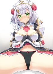 Rule 34 | 1girl, armor, black panties, blush, bow, bow panties, braid, breasts, cameltoe, cleavage, dress, flower, genshin impact, green eyes, grey hair, hair flower, hair ornament, large breasts, lifting own clothes, looking at viewer, maid, maid headdress, navel, noelle (genshin impact), nose blush, panties, partially visible vulva, red flower, red rose, rose, short hair, sitting, smile, solo, spread legs, tekehiro, underwear
