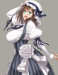 Rule 34 | 1girl, blue eyes, blue ribbon, blush, bonnet, bow, braid, breasts, brown hair, charlotte corday (fate), charlotte corday (second ascension) (fate), dress, fate/grand order, fate (series), flower, grey background, hair between eyes, hat, juliet sleeves, large breasts, long sleeves, looking at viewer, neck ribbon, open mouth, puffy sleeves, ribbon, rose, shoe-ji, short hair, side braid, simple background, single braid, smile, solo, white dress, white flower, white rose