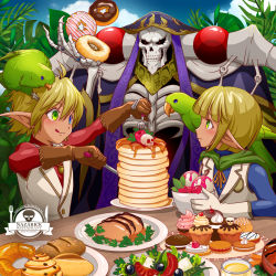 Rule 34 | 1girl, 2boys, :q, ahoge, ainz ooal gown, aura bella fiora, bird, blonde hair, blue eyes, blush, brother and sister, brown gloves, commentary request, cookie, croissant, dark-skinned male, dark elf, dark skin, doughnut, eating, elf, food, fork, gloves, grass, green eyes, heterochromia, holding, holding fork, hood, hood up, k-ta, lich, mare bello fiore, multiple boys, necromancer, overlord (maruyama), pancake, parrot, plate, pointy ears, short hair, siblings, skeleton, skull, smile, table, tongue, tongue out, twins, undead, vest, white gloves, white vest