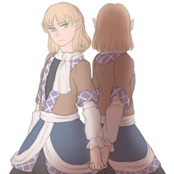 Rule 34 | 2girls, arm warmers, back-to-back, blonde hair, dress, dual persona, expressionless, green eyes, holding hands, interlocked fingers, lowres, mefomefo, mizuhashi parsee, multiple girls, pointy ears, short hair, short sleeves, touhou