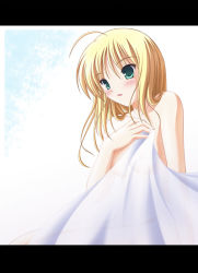 Rule 34 | 00s, 1girl, ahoge, artoria pendragon (all), artoria pendragon (fate), bed sheet, blonde hair, blush, breasts, fate/stay night, fate (series), green eyes, hair down, letterboxed, naked sheet, saber (fate), see-through, short hair, small breasts, solo, tsuda akira