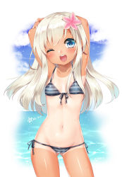 Rule 34 | 10s, 1girl, ;d, alternate costume, armpits, arms up, bad id, bad pixiv id, beach, bikini, blue eyes, blush, breasts, flower, front-tie top, groin, hair flower, hair ornament, heart, heart-shaped pupils, highres, kantai collection, long hair, looking at viewer, lowleg, mvv, navel, one-piece tan, one eye closed, open mouth, ro-500 (kancolle), side-tie bikini bottom, silver hair, small breasts, smile, solo, striped bikini, striped clothes, swimsuit, symbol-shaped pupils, tan, tanline