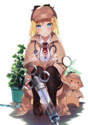 Rule 34 | 1girl, black thighhighs, blonde hair, blue eyes, blush, bubba (watson amelia), capelet, dog, hair ornament, hase neet, hat, highres, hololive, hololive english, magnifying glass, necktie, plant, potted plant, short hair, smile, squatting, stethoscope, syringe, thighhighs, virtual youtuber, watson amelia, watson amelia (1st costume)