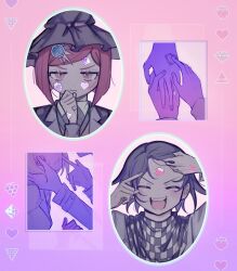 Rule 34 | 1boy, 1girl, black jacket, blush, checkered clothes, checkered scarf, closed eyes, collared shirt, danganronpa (series), danganronpa v3: killing harmony, eyelashes, flipped hair, gradient background, hair between eyes, hair ornament, happy, hat, highres, holding hands, jacket, long sleeves, looking at viewer, morning (d0nteat), oma kokichi, open mouth, pink background, purple background, purple hair, red eyes, red hair, scarf, school uniform, shirt, short hair, simple background, smile, sticker on face, two-tone scarf, witch hat, yumeno himiko
