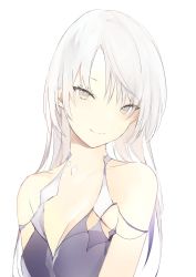 Rule 34 | 1girl, bare shoulders, black dress, breasts, cleavage, closed mouth, dress, grey eyes, head tilt, highres, long hair, looking at viewer, lpip, original, simple background, smile, solo, upper body, very long hair, white background, white hair