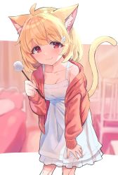 Rule 34 | 1girl, :3, absurdres, ahoge, animal ears, blonde hair, blush, breasts, cat ears, cat girl, cat tail, cleavage, closed mouth, collarbone, commentary request, dress, hair ornament, highres, kemomimi refle!, looking at viewer, medium breasts, nekoma karin, short hair, smile, solo, sutora binsuke, tail, tail raised, virtual youtuber, white dress, yellow tail