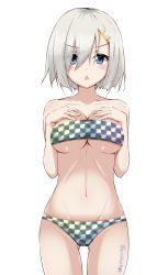 Rule 34 | 1girl, absurdres, bandeau, bikini, blue eyes, breasts, checkered bikini, checkered clothes, cleavage, commentary request, cowboy shot, gluteal fold, hair ornament, hairclip, hamakaze (kancolle), highres, honma (honmatomohiro), kantai collection, large breasts, looking at viewer, one-hour drawing challenge, short hair, silver hair, simple background, solo, swimsuit, triangle mouth, white background