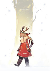 Rule 34 | 1girl, 2016, antlers, boots, braid, braided ponytail, breath, brown footwear, brown hair, english text, from side, full body, fur trim, hair ribbon, highres, horns, long hair, looking down, low ponytail, mittens, multi-tied hair, original, parted lips, poncho, red eyes, red ribbon, ribbon, ryota-h, side braid, single braid, snow, snowing, solo, walking, winter