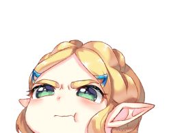 Rule 34 | 1girl, :t, blush, braid, commentary, green eyes, hair ornament, hairclip, lazoomaiga, meme, mixed-language commentary, nintendo, pointy ears, portrait, princess zelda, short hair, sidelocks, solo, the legend of zelda, the legend of zelda: breath of the wild, the legend of zelda: tears of the kingdom, thick eyebrows, transparent background, twitter username, v-shaped eyebrows, wavy mouth