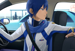 Rule 34 | 1boy, blue eyes, blue hair, blue nails, blue scarf, car, coat, commentary, driving, headset, kaito (vocaloid), looking back, male focus, mirror, motor vehicle, nail polish, nokuhashi, scarf, seat, seatbelt, silhouette, steering wheel, upper body, vocaloid, white coat