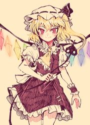 Rule 34 | 1girl, arm at side, ascot, blonde hair, blush, closed mouth, cowboy shot, crosshatching, crystal, eyebrows hidden by hair, flandre scarlet, floating hair, frilled ascot, frilled cuffs, frilled shirt collar, frilled sleeves, frills, glowing, hair between eyes, hand up, hat, hatching (texture), holding, holding wand, itomugi-kun, laevatein (touhou), linear hatching, long hair, looking at viewer, mob cap, petticoat, puffy short sleeves, puffy sleeves, rainbow order, red eyes, red skirt, red vest, ribbon-trimmed headwear, ribbon trim, sepia, sepia background, short sleeves, side ponytail, simple background, single wrist cuff, skirt, skirt set, slit pupils, smile, solo, split mouth, straight-on, touhou, vest, walking, wand, white hat, wing collar, wings, wrist cuffs, yellow ascot
