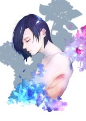 Rule 34 | 1girl, absurdres, blue eyes, blue flower, blue hair, breasts, character name, collarbone, commentary request, dated, flower, from side, hair over one eye, happy birthday, highres, kagune (tokyo ghoul), kirishima touka, medium breasts, nude, profile, red flower, sanoi (giraffe), short hair, solo, tokyo ghoul, upper body, white background