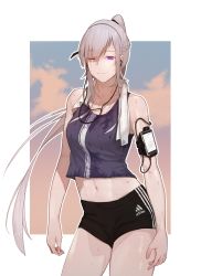 Rule 34 | 1girl, ak-12 (girls&#039; frontline), black shorts, braid, breasts, cellphone, cellphone strap, closed mouth, collarbone, commentary request, earphones, french braid, girls&#039; frontline, highres, huqu, long hair, looking at viewer, medium breasts, midriff, navel, one eye closed, phone, ponytail, purple eyes, ribbon, short shorts, shorts, sidelocks, silver hair, smartphone, smile, solo, sportswear, sweat, towel, very long hair