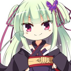 Rule 34 | &gt;:), 0x x0ku, 1girl, bare shoulders, black kimono, blunt bangs, blunt ends, blush, blush stickers, butterfly hair ornament, chibi, closed mouth, commentary request, criss-cross halter, eyes visible through hair, green hair, hair ornament, hair ribbon, halterneck, hands on own hips, highres, hime cut, japanese clothes, kimono, long hair, long ribbon, long sleeves, looking at viewer, murasame (senren), purple ribbon, red eyes, ribbon, senren banka, sidelocks, simple background, smile, solo, split mouth, two side up, v-shaped eyebrows, very long hair, white background, wide sleeves