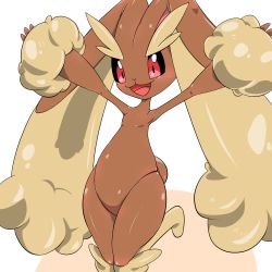 Rule 34 | 1girl, :3, animal nose, armpits, arms up, black sclera, blush, body fur, brown fur, colored sclera, creatures (company), female focus, flat chest, furry, furry female, game freak, gen 4 pokemon, happy, kazamidoririnn, knees together feet apart, leg up, lopunny, nintendo, open mouth, outstretched arms, pokemon, pokemon (creature), rabbit ears, rabbit girl, rabbit tail, red eyes, shiny skin, simple background, smile, solo, spread arms, standing, standing on one leg, two-tone fur, white background, yellow fur