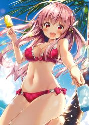 Rule 34 | 1girl, absurdres, bare arms, bare shoulders, bikini, blue sky, blush, bracelet, breasts, cleavage, cloud, collarbone, day, dual wielding, fingernails, food, hair ornament, highres, holding, jewelry, leg up, long hair, looking at viewer, medium breasts, navel, open mouth, original, outdoors, palm leaf, palm tree, pearl bracelet, pink hair, polka dot, polka dot bikini, popsicle, red eyes, ribbon, ribbon trim, riichu, scan, sky, smile, solo, stomach, swimsuit, thighs, tree, water