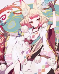 Rule 34 | 10s, 1girl, animal ears, bell, blonde hair, breasts, brown eyes, brown gloves, collarbone, covered erect nipples, eyeshadow, hand fan, folding fan, fox ears, furisode, gloves, highres, holding, holding fan, hoshi rousoku, japanese clothes, jingle bell, kimono, konko (merc storia), long hair, makeup, merc storia, multicolored hair, obi, origami, paper crane, red hair, ribbon-trimmed sleeves, ribbon trim, sash, slit pupils, solo, triangle mouth, two-tone hair, very long hair, wide sleeves