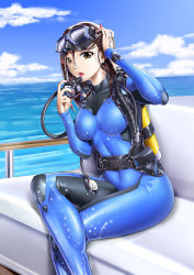 Rule 34 | 1girl, boat, bodysuit, brown eyes, brown hair, bzs (kage no shinobu), cloud, crossed legs, diving mask, diving mask on head, diving regulator, diving suit, earrings, fingernails, goggles, goggles on head, hand on head, highres, jewelry, looking at viewer, nail polish, ocean, saliva, saliva trail, scuba gear, scuba tank, sky, solo, tongue, tongue out, watercraft, wet, wet hair, wetsuit