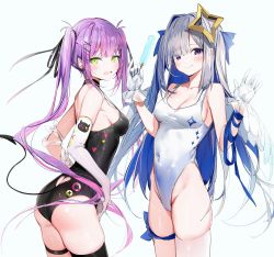 Rule 34 | 2girls, absurdres, alternate breast size, amane kanata, angel, angel wings, black one-piece swimsuit, blue hair, blush, breasts, colored inner hair, demon girl, demon tail, feathered wings, green eyes, hair ornament, halo, highres, hololive, long hair, looking at viewer, multicolored hair, multiple girls, one-piece swimsuit, pink hair, pointy ears, purple eyes, purple hair, silver (chenwen), small breasts, smile, star halo, streaked hair, swimsuit, tail, tokoyami towa, twintails, virtual youtuber, white one-piece swimsuit, wings