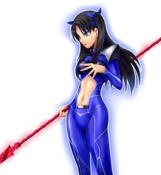 Rule 34 | 1girl, :d, armor, blue ribbon, blush, bodysuit, breasts, clothing cutout, cosplay, covered erect nipples, cowboy shot, cu chulainn (fate), cu chulainn (fate/stay night), cu chulainn (fate/stay night) (cosplay), eyebrows, fate/stay night, fate (series), gae bolg (fate), glowing, glowing weapon, green eyes, hair ribbon, medium breasts, navel, navel cutout, open mouth, polearm, ribbon, shoulder pads, skin tight, smile, solo, spear, standing, stomach, taru neko, tohsaka rin, twintails, two side up, weapon