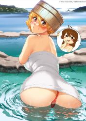 Rule 34 | 2girls, ahoge, ass, bent over, blonde hair, blush, brooke (mleth), brown eyes, brown hair, bucket, bucket on head, chibi, chibi inset, commentary, day, english commentary, from behind, looking at viewer, looking back, mleth, multiple girls, object on head, onsen, original, outdoors, paid reward available, pout, rock, short hair, smug, solo focus, stina (mleth), towel, twitter username, water