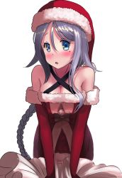 Rule 34 | 10s, 1girl, alternate costume, ao iro, bare shoulders, blue eyes, blush, braid, breasts, criss-cross halter, detached sleeves, dress, elbow gloves, gloves, hair between eyes, hair flaps, halterneck, hat, head tilt, highres, kantai collection, leaning forward, looking at viewer, medium breasts, miniskirt, mole, mole under eye, off-shoulder dress, off shoulder, open mouth, pom pom (clothes), santa costume, santa hat, short dress, silver hair, simple background, single braid, skirt, solo, umikaze (kancolle), upper body, white background