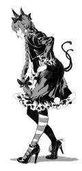 Rule 34 | 1girl, animal ears, ankle strap, bow, braid, cat ears, cat tail, closed mouth, frilled skirt, frilled sleeves, frills, from side, full body, gothic lolita, greyscale, hair bow, hair ribbon, hand on own hip, high heels, highres, kaenbyou rin, lolita fashion, long hair, long sleeves, mary janes, monochrome, multiple tails, pantyhose, pointy ears, ribbon, ruukii drift, shoes, simple background, skirt, smile, solo, standing, strappy heels, striped clothes, striped pantyhose, tail, touhou, tress ribbon, twin braids, two tails, very long hair, white background