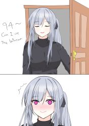 Rule 34 | 1girl, ak-12 (girls&#039; frontline), black bodysuit, blush, bodysuit, breasts, closed eyes, closed mouth, door, english text, girls&#039; frontline, hair ribbon, highres, iris angel12xii, long hair, looking at viewer, medium breasts, open mouth, ponytail, purple eyes, ribbon, silver hair, simple background, smile, solo, turtleneck, upper body