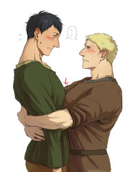 Rule 34 | 2boys, bertolt hoover, blonde hair, blush, brown hair, brown shirt, casual, eye contact, feet out of frame, from side, green shirt, large pectorals, looking at another, male focus, multiple boys, nene (10575936), pectoral docking, pectoral press, pectorals, reiner braun, shingeki no kyojin, shirt, short hair, sideburns, sleeves rolled up, white background