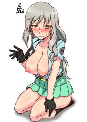 Rule 34 | 1girl, alternate costume, aoshidan (emblem), aoshidan school uniform, belt, black belt, black gloves, black socks, blue shirt, blush, breasts, brown eyes, cleavage, closed mouth, collared shirt, commentary request, embarrassed, frown, girls und panzer, glaring, gloves, green skirt, half-closed eyes, large breasts, light brown hair, long hair, looking at viewer, mature female, microskirt, mimuni362, nipples, partially unbuttoned, pleated skirt, pulling own clothes, school uniform, seiza, shadow, shimada chiyo, shirt, simple background, sitting, skirt, socks, solo, squiggle, suspenders, suspenders pull, sweatdrop, white background