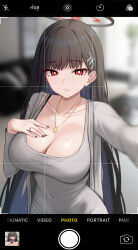 Rule 34 | 1girl, black hair, blue archive, blurry, blurry background, breasts, cleavage, collarbone, dongtan dress, dress, hair ornament, hairclip, halo, hand on own chest, highres, jewelry, large breasts, long hair, long sleeves, looking at viewer, meme attire, mijikayo, nail polish, necklace, red eyes, ring, rio (blue archive), selfie, solo
