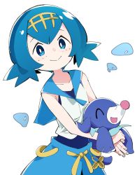 Rule 34 | 1girl, blue eyes, blue hair, blue theme, carrying, closed mouth, collarbone, creatures (company), game freak, gen 7 pokemon, hairband, ixy, lana (pokemon), looking at viewer, nintendo, pokemon, pokemon (creature), pokemon sm, popplio, short hair, smile, swimsuit, swimsuit under clothes