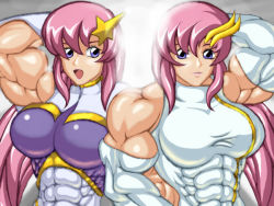 Rule 34 | 00s, 2girls, abs, arm behind head, biceps, breasts, extreme muscles, female focus, flexing, gundam, gundam seed, hand on own hip, hip focus, lacus clyne, large breasts, meer campbell, multiple girls, muscular, ren (tainca2000)